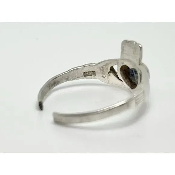 1970s Vintage Sterling Silver .925 & Blue Green Lapis Claddagh Ring, Size 7 - Picture 5 of 5